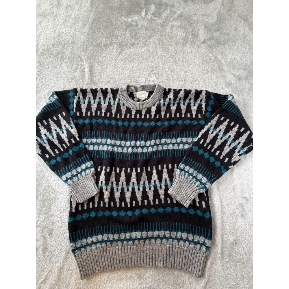 South Channel Sweater Mens Large Black Gray Geometric Vintage Knit Long Sleeve